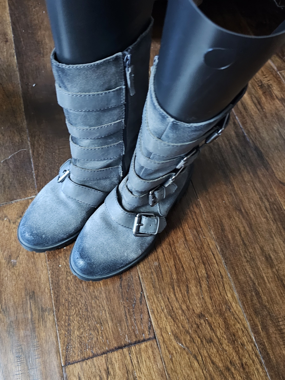 Naya Gray Suede Mid-Calf Buckle Boots